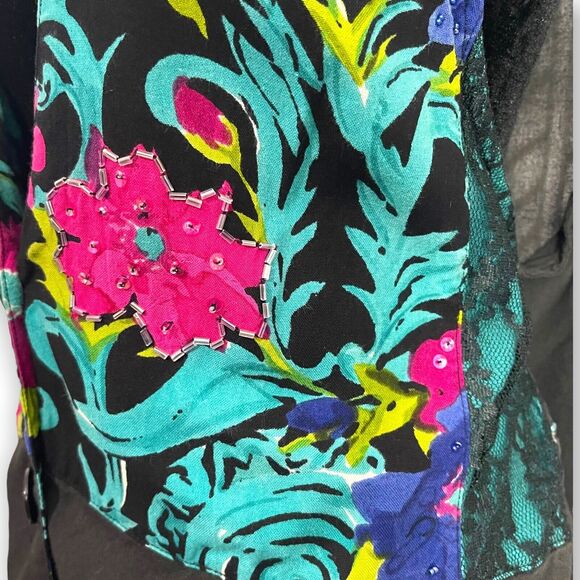 Atlast Studio Vest Women's Medium Multicolor Floral Print Boho Beaded Lace VTG - Picture 3 of 10